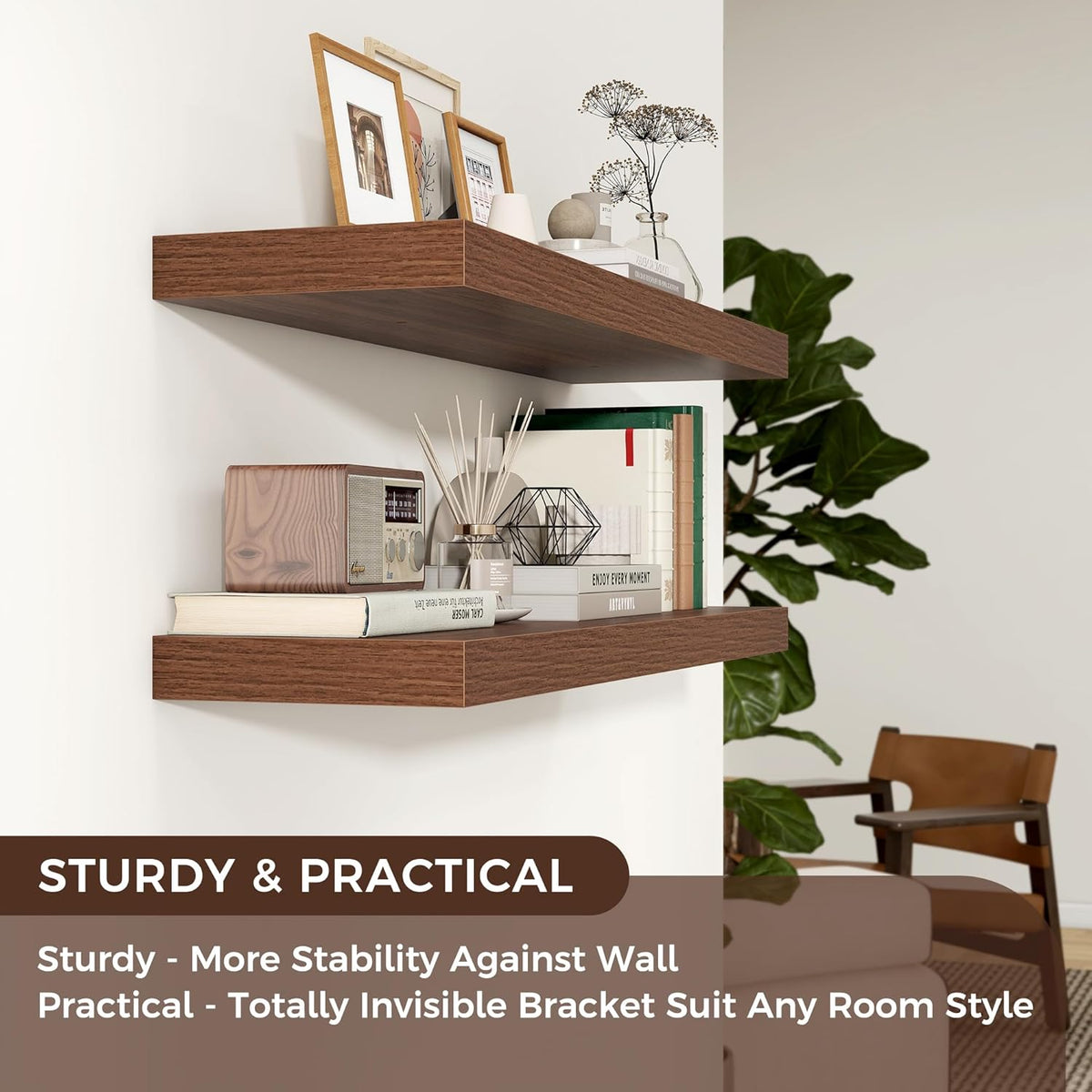 Floating Shelves - 2 Large Wall Mounted Shelves with Invisible Brackets, Long Walnut Wood Floating