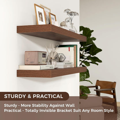 Floating Shelves - 2 Large Wall Mounted Shelves with Invisible Brackets, Long Walnut Wood Floating