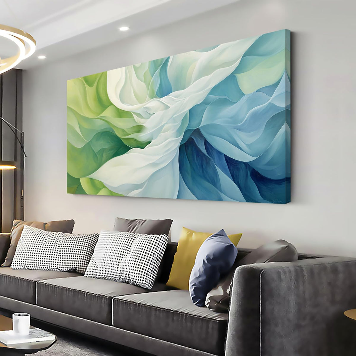 LASMOND Abstract Lines Wall Art for Living Room Canvas Prints Aqua Turquoise Blue Green Artwork
