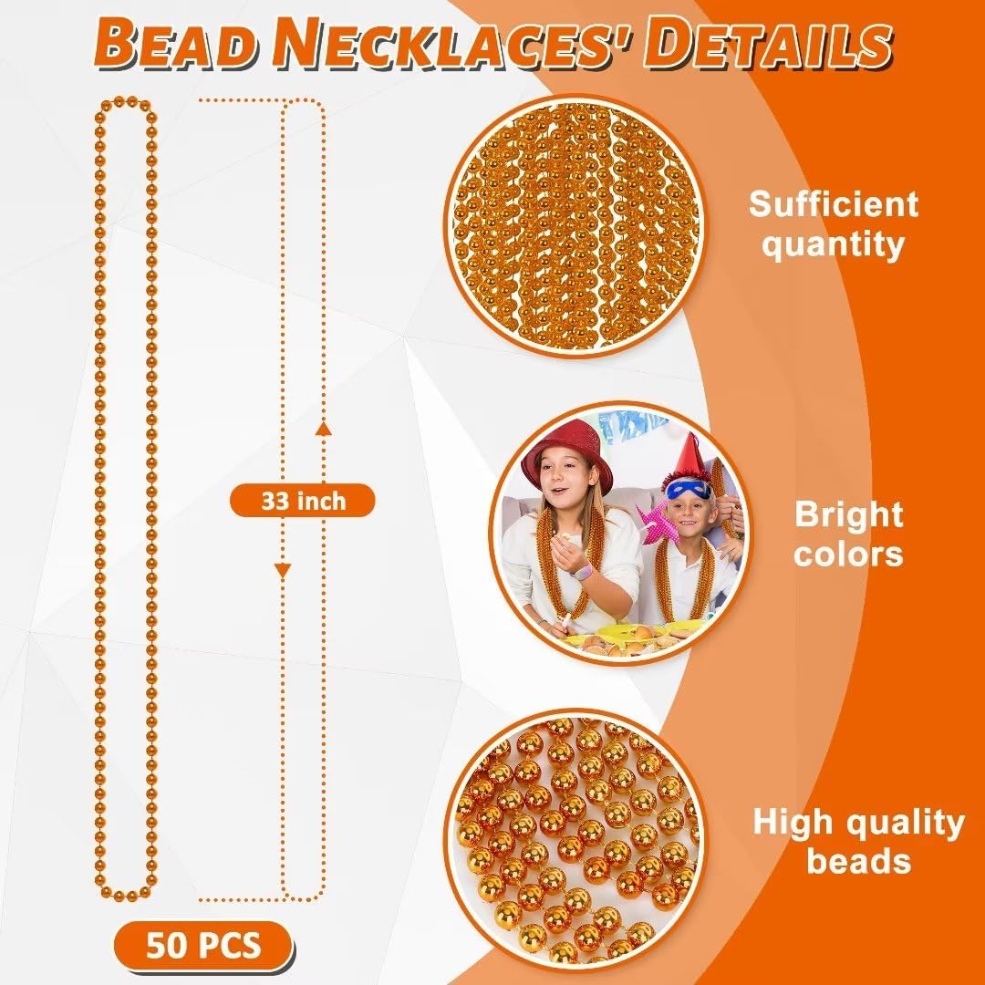50PCS Bead Necklace, Orange Bead Necklaces Party Favors Bulk, 33" Mardi Gras Necklaces, Festival