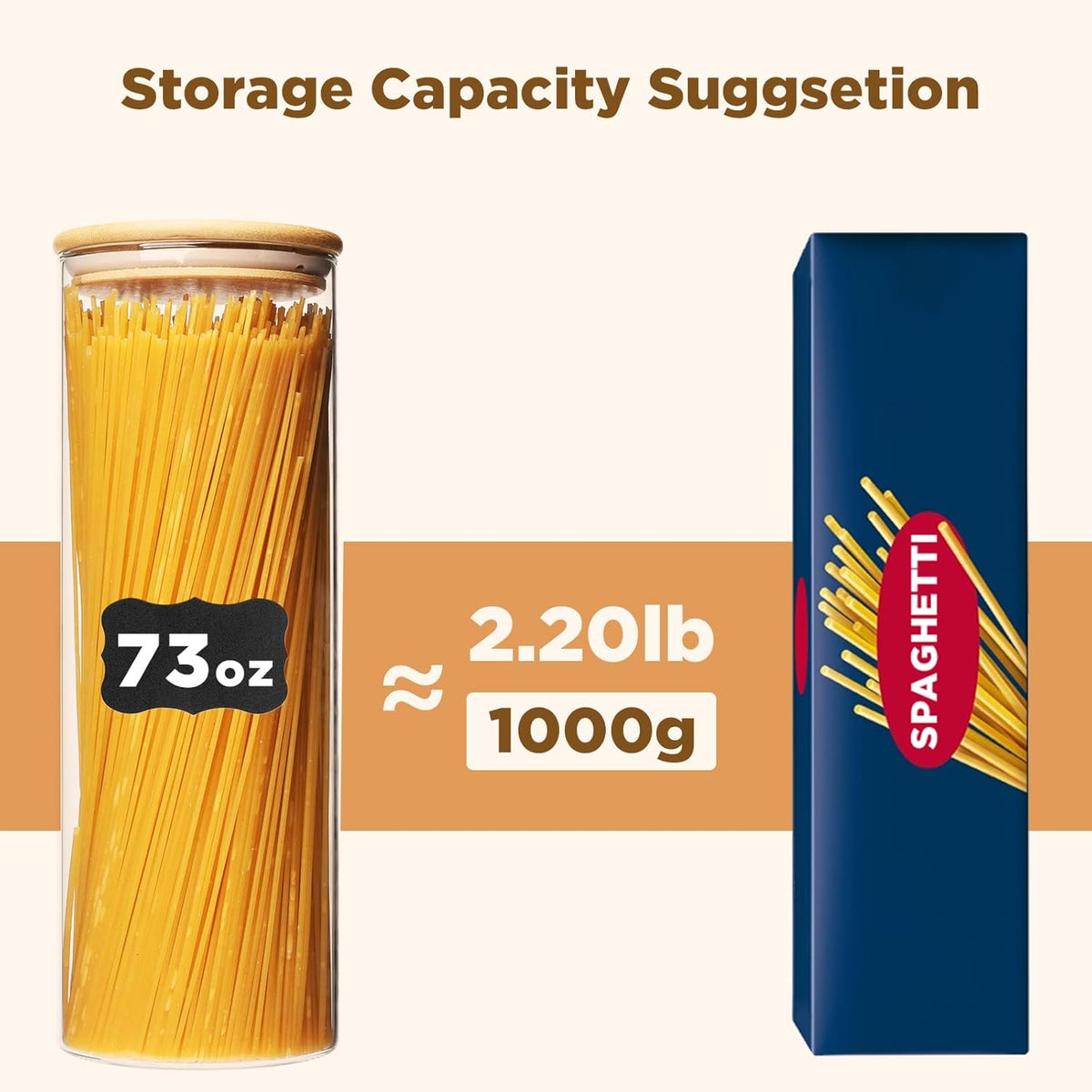 73oz Glass Pasta Storage Jars, Tall Glass Jars with Bamboo Lids, Spaghetti Container, Set of 3