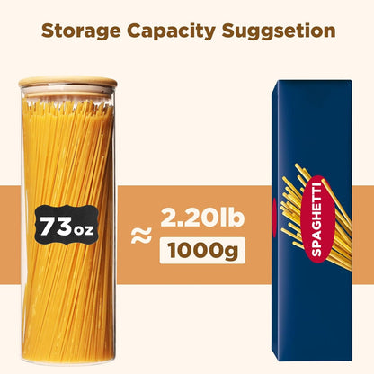 73oz Glass Pasta Storage Jars, Tall Glass Jars with Bamboo Lids, Spaghetti Container, Set of 3