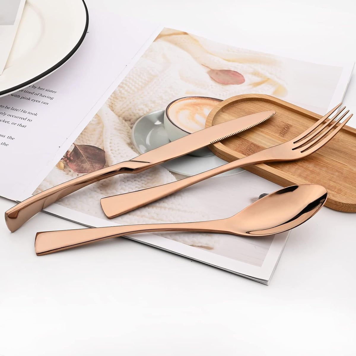 24-Piece Copper Flatware, Mirror 18/10 Stainless Steel Modern & Luxury Dinnerware Set With Serrated
