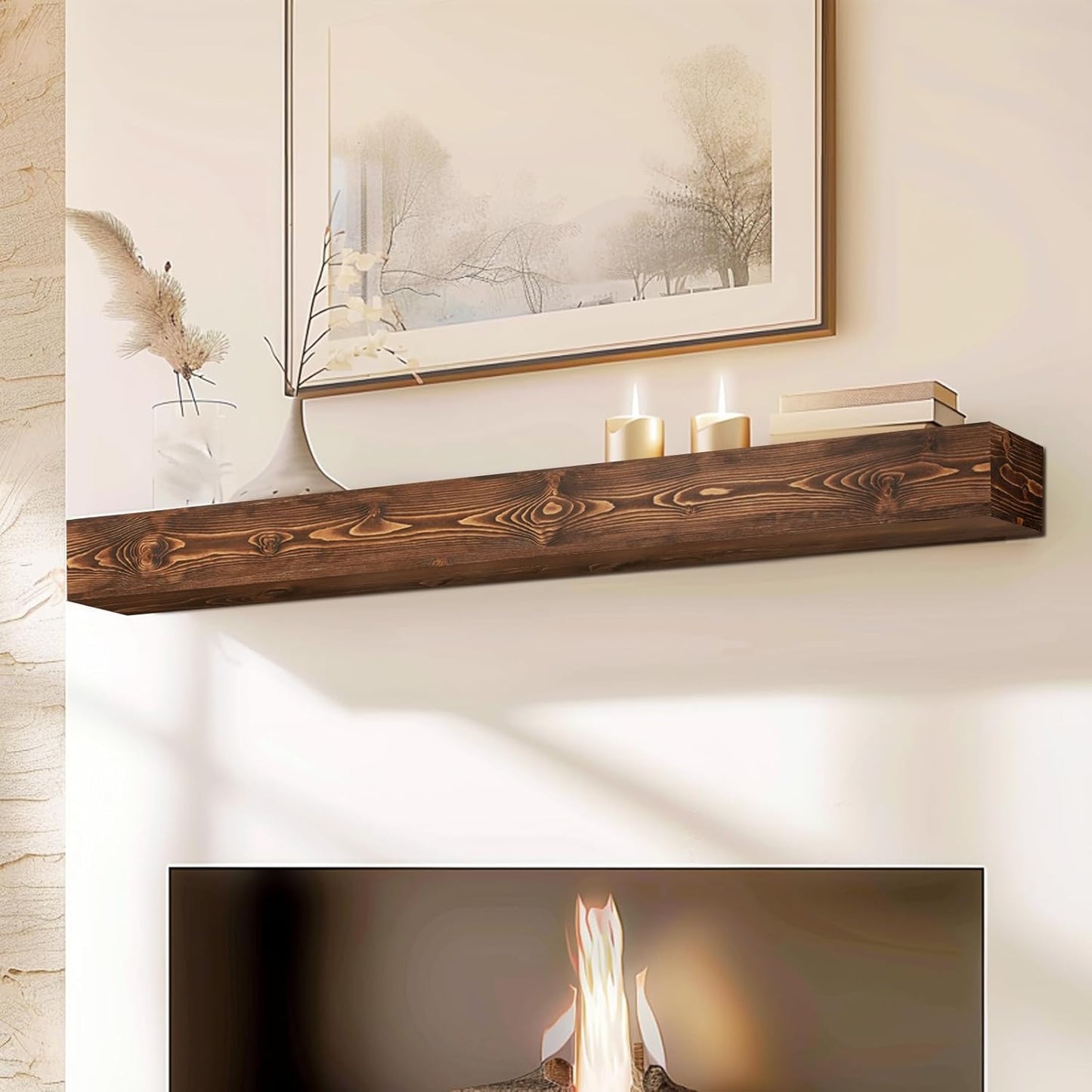 56x8x5 Fireplace Mantel - Handcrafted Hollow Rustic Solid Wood Wall Mounted Floating Shelf with