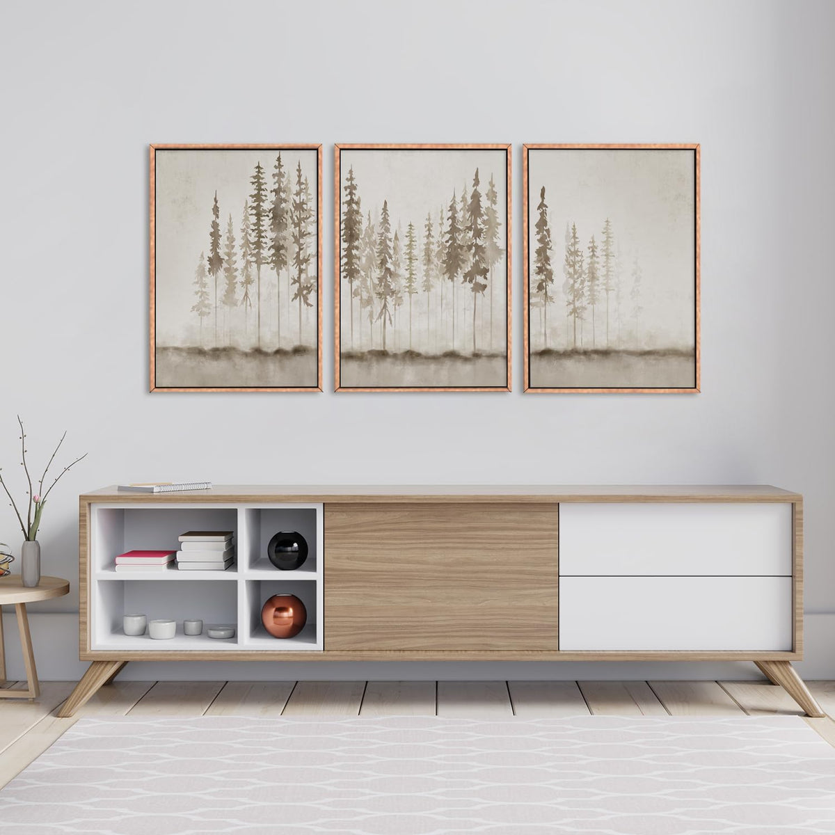 HPINUB Misty Forest Framed Canvas Wall Art Set, Foggy Pine Tree Wall Decor, Pastel Nature Landscape
