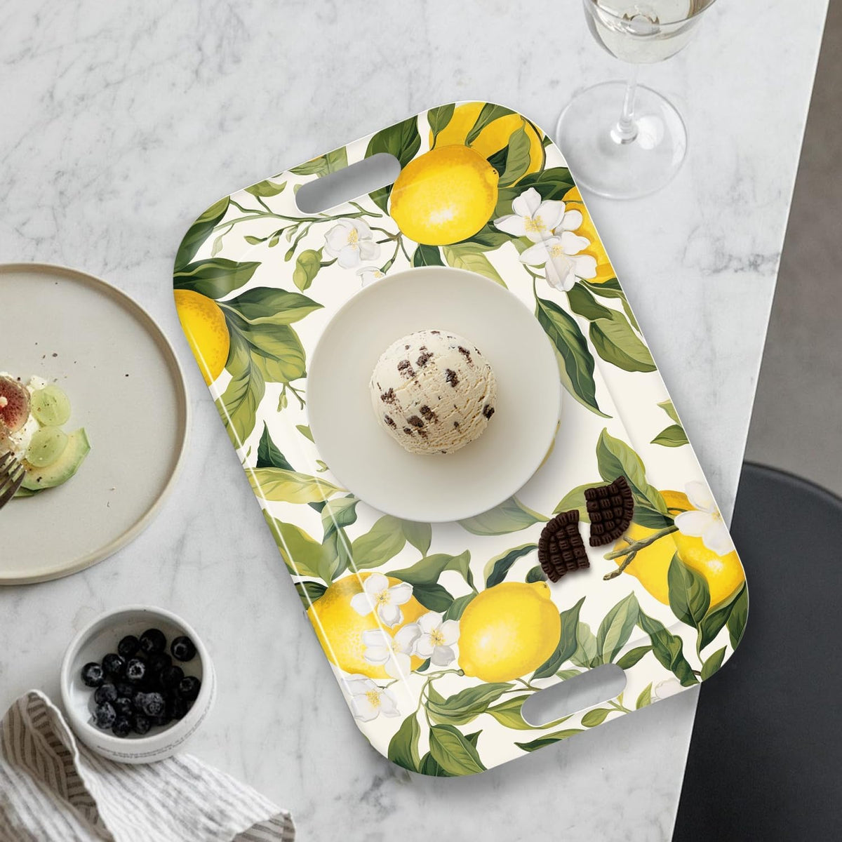 Serving Trays with Handles, 14.5 x 9.8 inch Rectangular Plastic Tray for Restaurant, Kitchen, Lemon