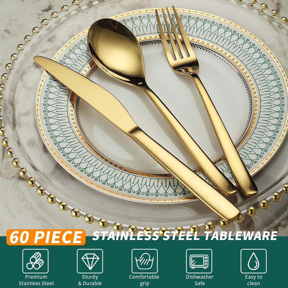Berglander Gold Wedding Silverware Set 60pcs Service for 20, Titanium Plating Stainless Steel