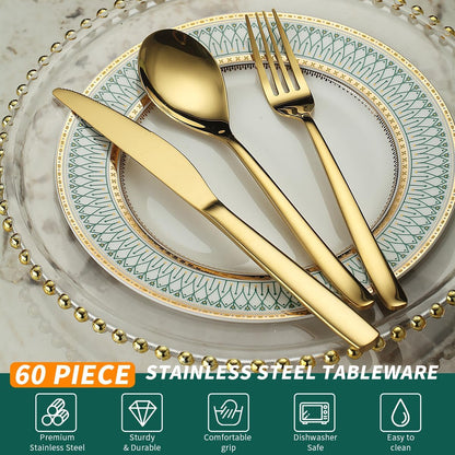 Berglander Gold Wedding Silverware Set 60pcs Service for 20, Titanium Plating Stainless Steel