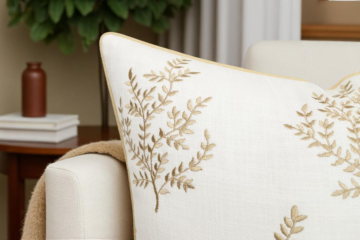 VAGMINE Embroidered Leaves Throw Pillow Cover - 18x18 Inches Square - 100% Cotton Ivory Decorative