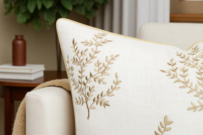 VAGMINE Embroidered Leaves Throw Pillow Cover - 18x18 Inches Square - 100% Cotton Ivory Decorative