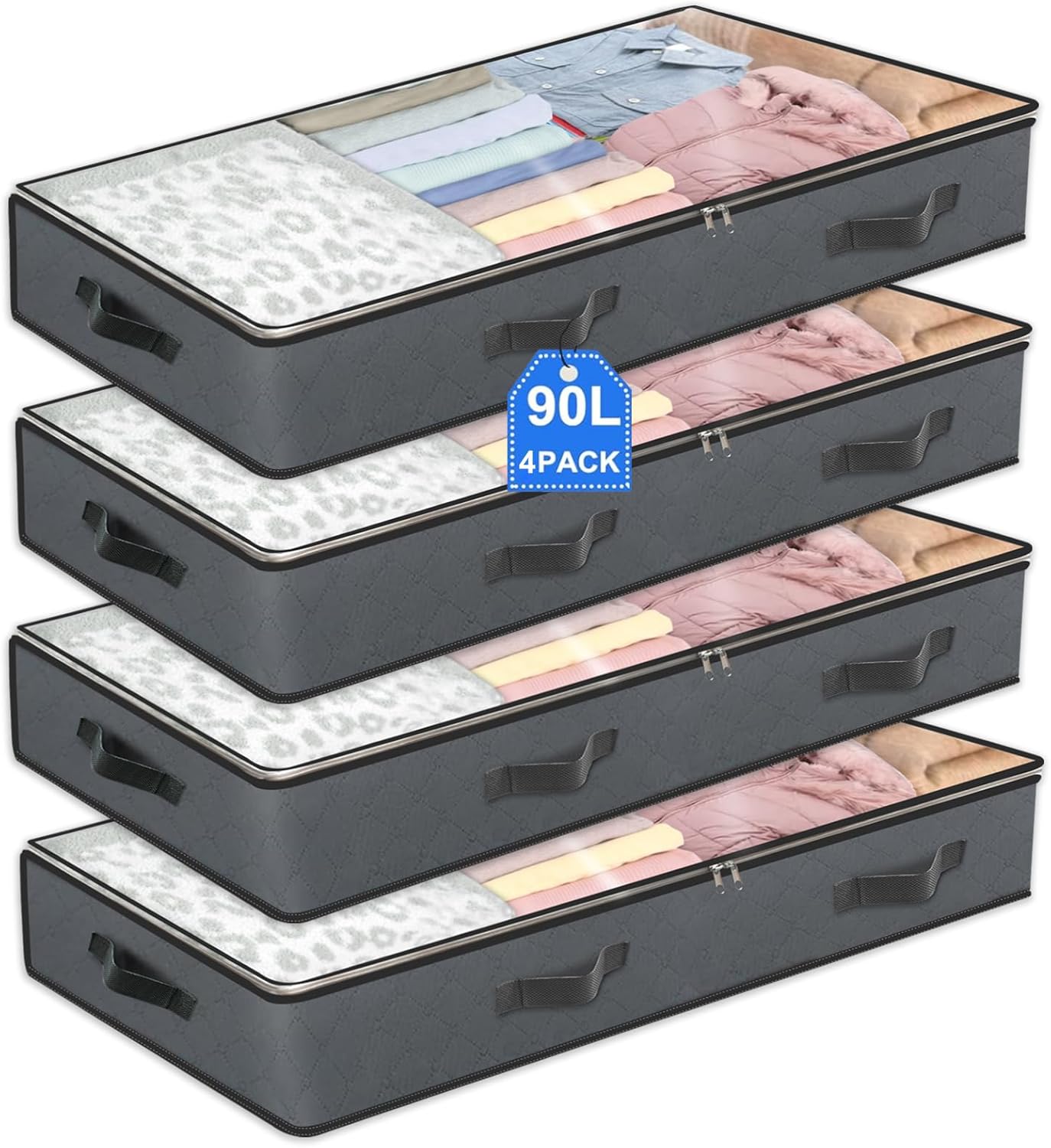 4 Pack Under Bed Storage, 90L Collapsible Closet Containers Organizers and Under Bed Storage Bins