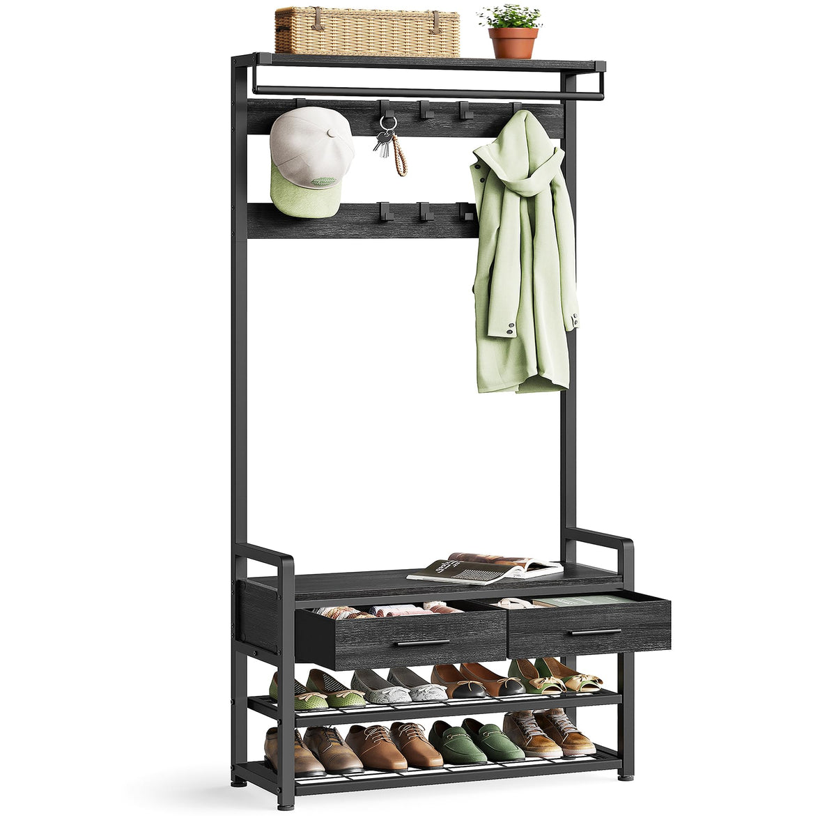 VASAGLE Hall Tree with Bench and Shoe Storage, 2 Fabric Drawers, 10 Hooks