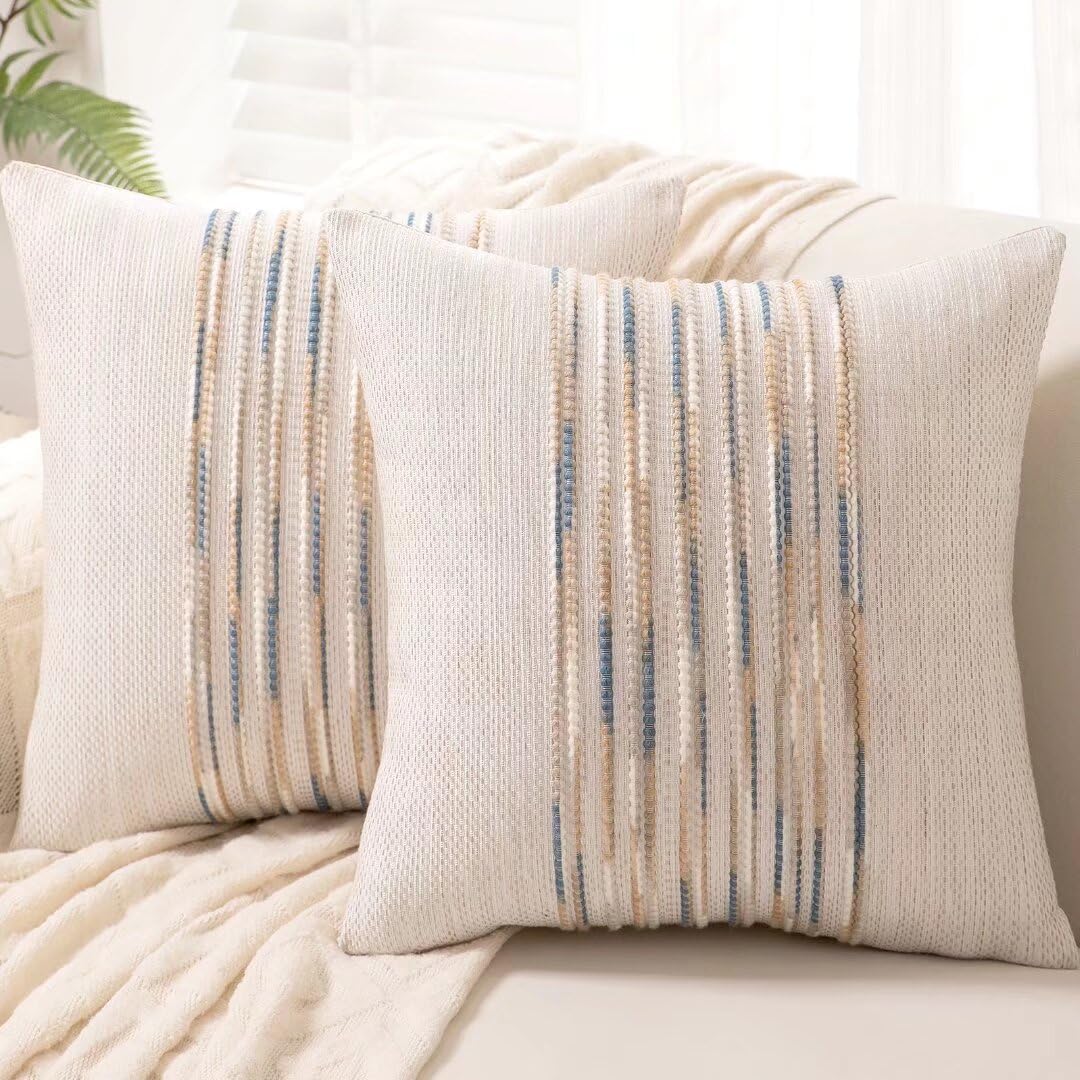 Boho Throw Pillow Covers 18x18 Set of 2 Farmhouse Decorative Cushion Case Striped Square Pillows