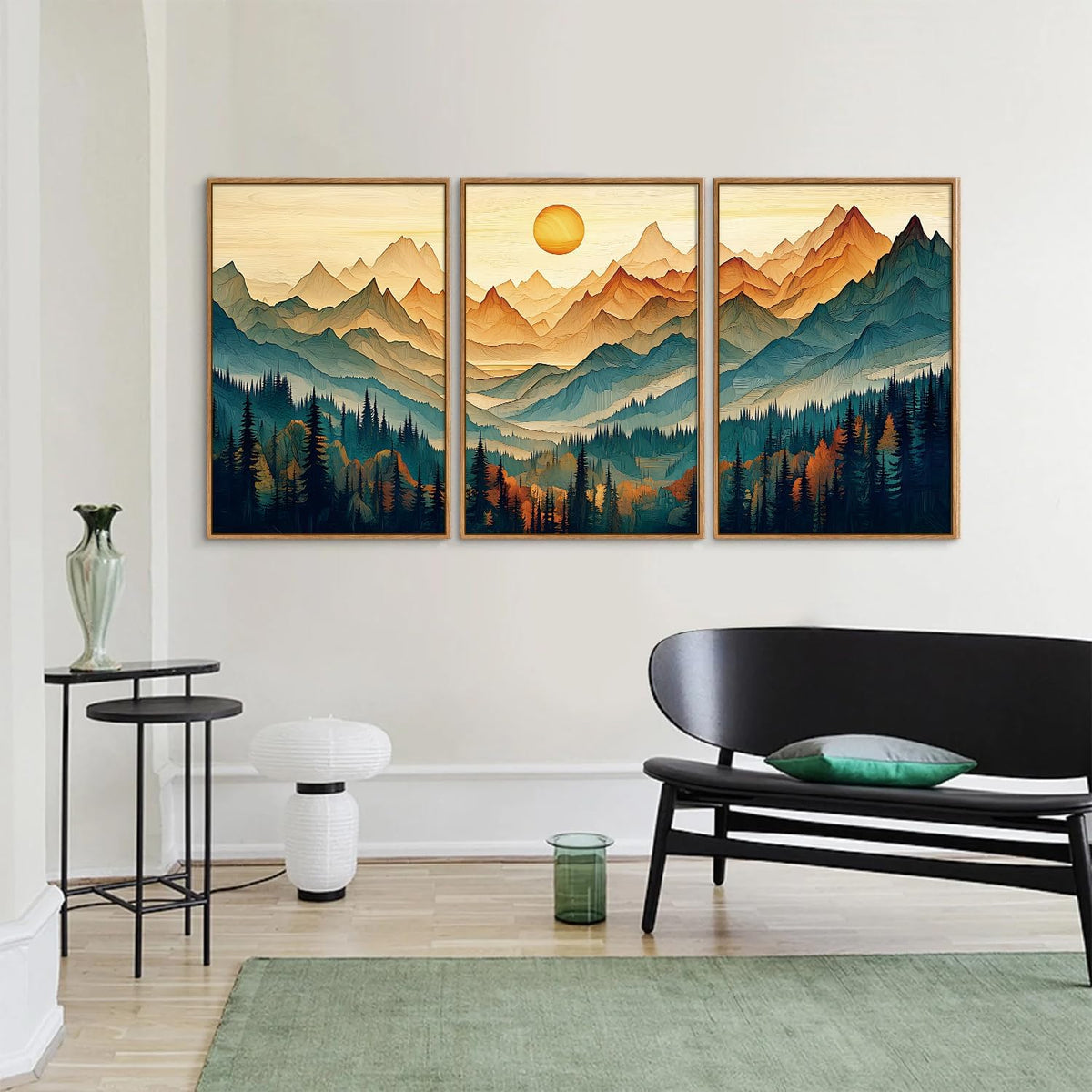 Tinonedraw Large Mountain Framed Canvas Wall Art Set of 3, Boho Nature Forest Wall Decor, Neutral