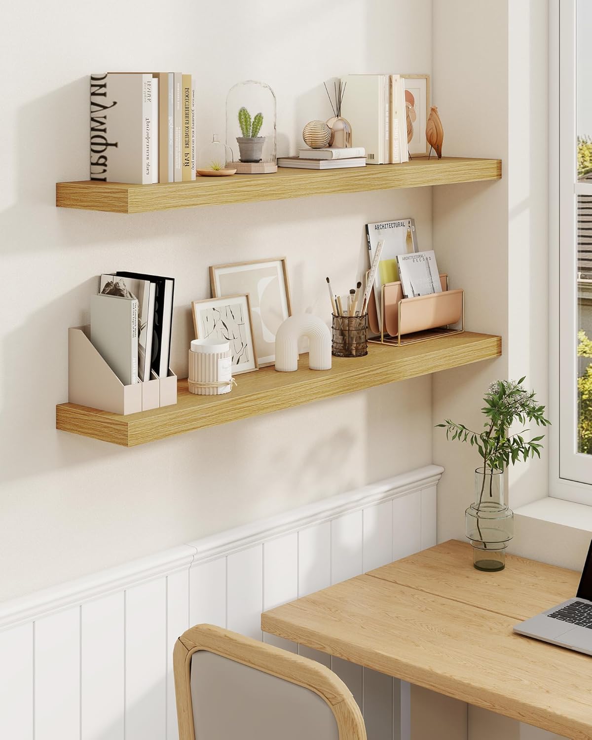 Marsmiles 16" Floating Shelves for Wall, Wooden Shelves with Invisible Brackets Set of 2, Rustic