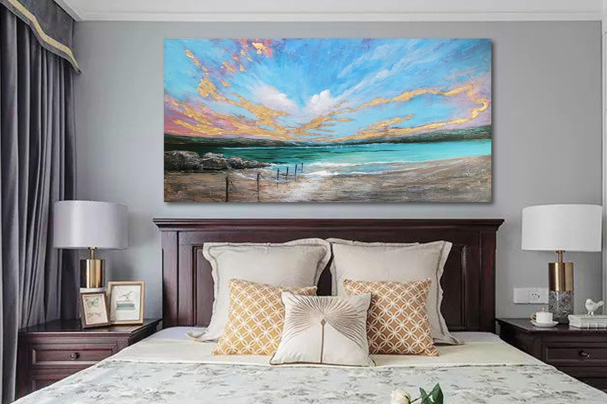 Arjun Ocean Teal Wall Art Canvas Coastal Beach Painting Blue Turquoise Landscape Sunset Picture