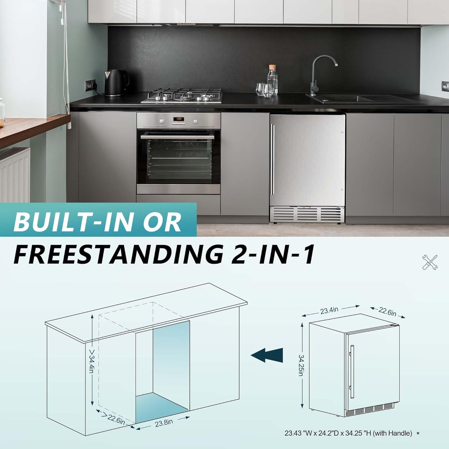 EUHOMY 24 Inch Beverage Refrigerator, Built-in and Freestanding Beverage Cooler 180 Can, Under