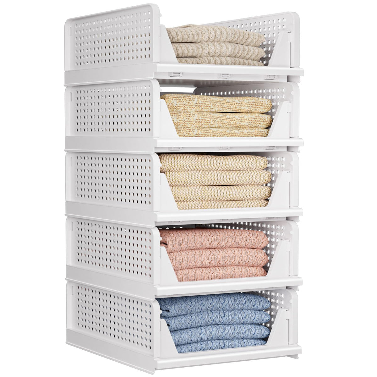 5 Pack Folding Closet Organizers Storage Box, Stackable Storage Bins, Plastic Drawer Basket Closet