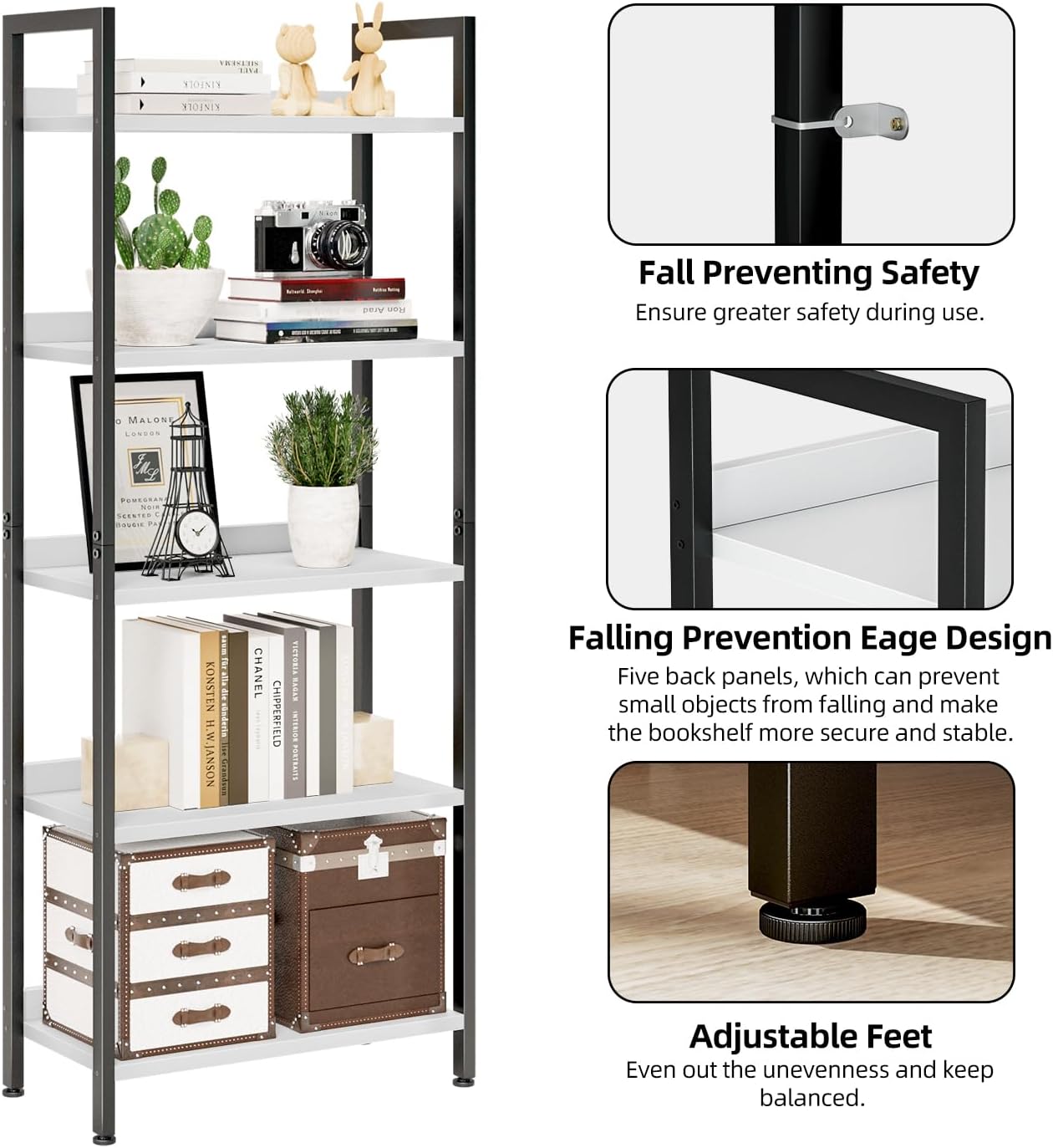 NUMENN Bookshelf, 5 Tier Bookshelves, Home Office Bookcase Shelf Storage Organizer, Free Standing