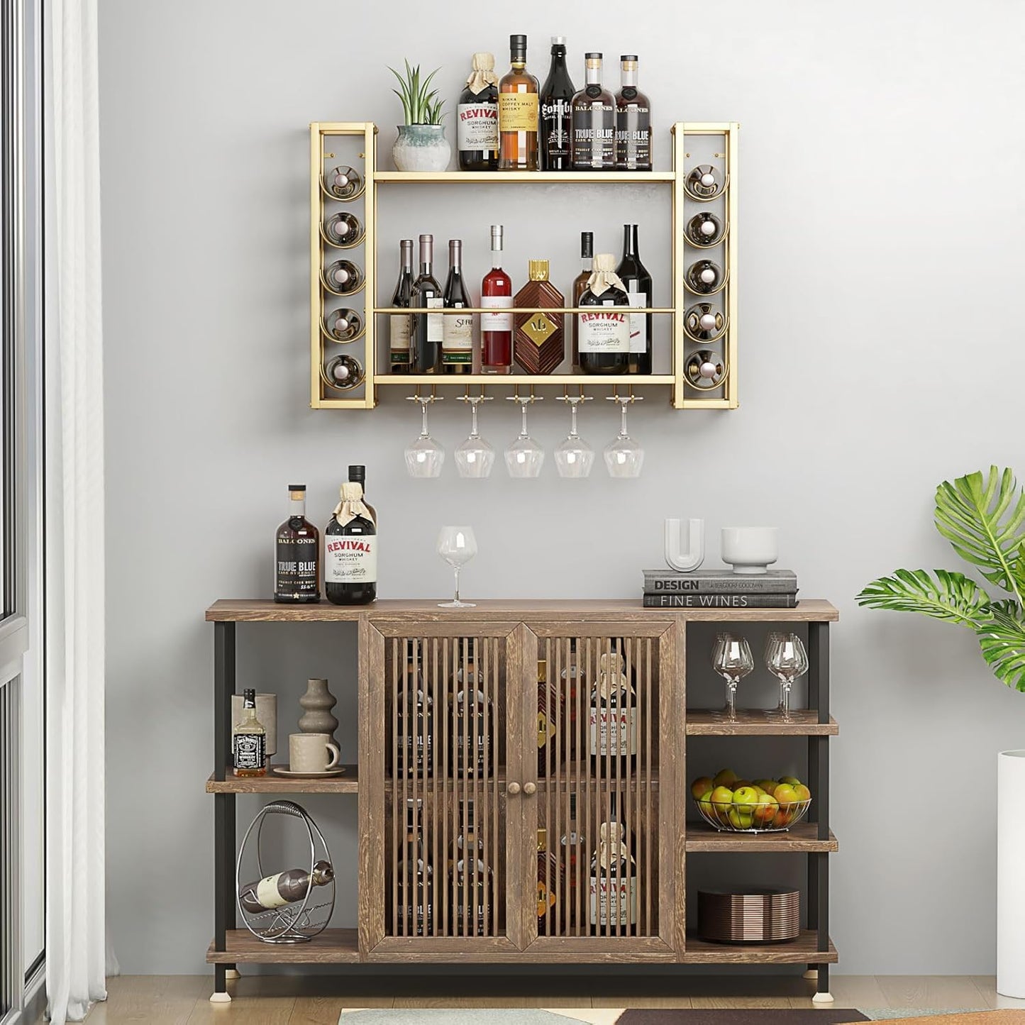 Wall Mounted Wine Rack, Hanging Floating Bar Liquor Shelves with Glass Holder, Metal Bottle Holder