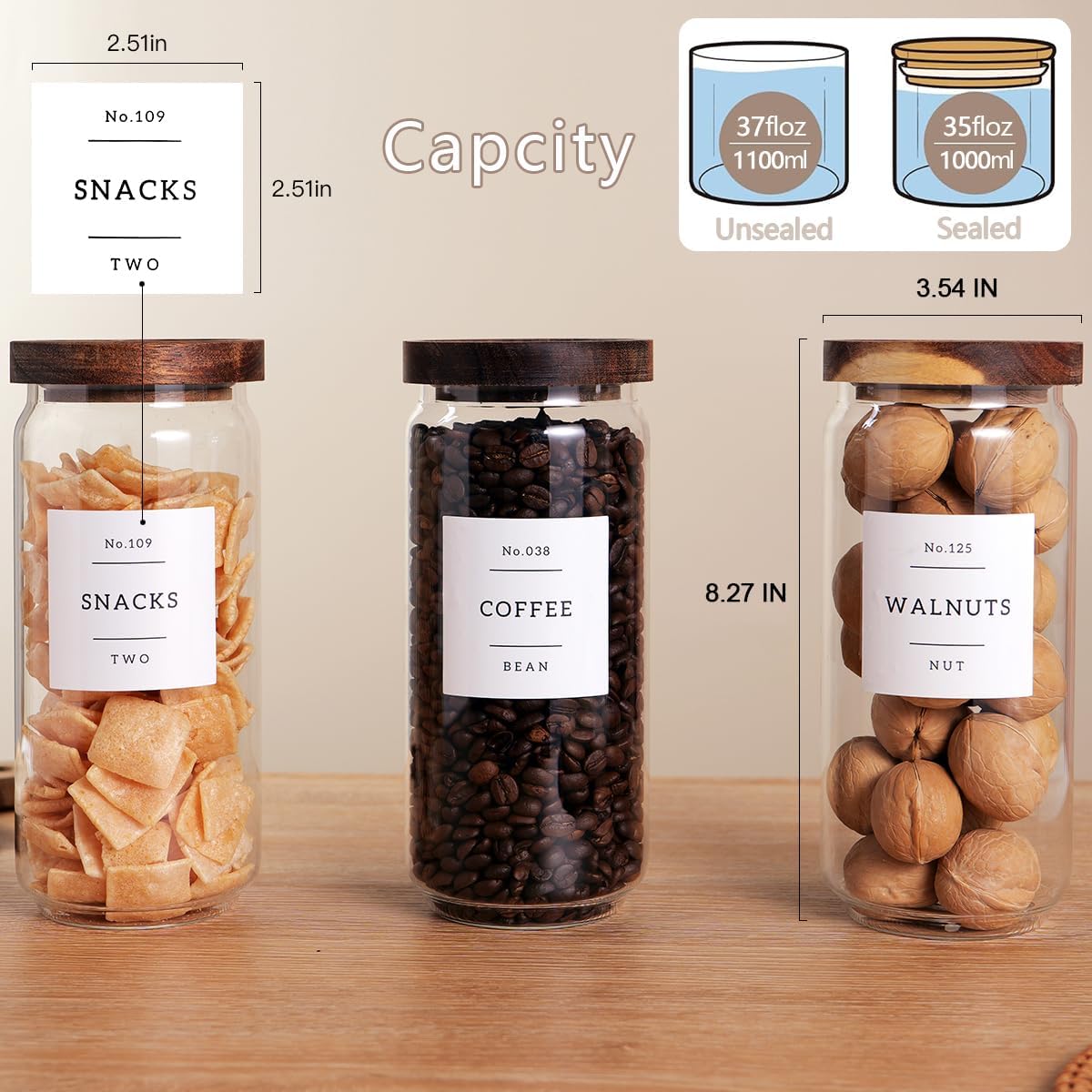 3 Set Glass Pantry Storage Jars with Acacia Airtight Lid - 35oz Thicken Glass Kitchen Canisters