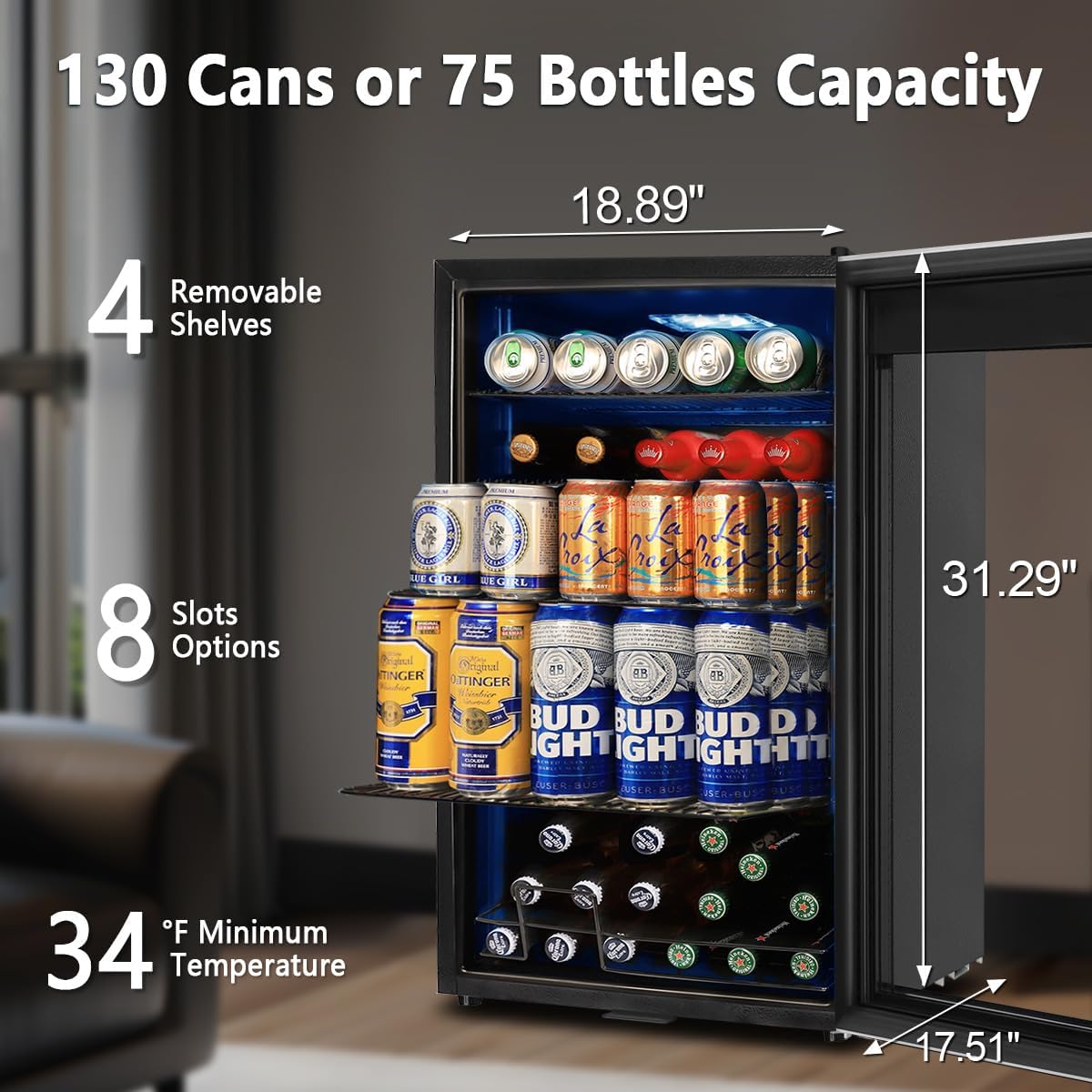 Tylza 130 Can Beverage Refrigerator Cooler, 3.22 Cu.Ft Beverage Cooler with Low-E Glass Door