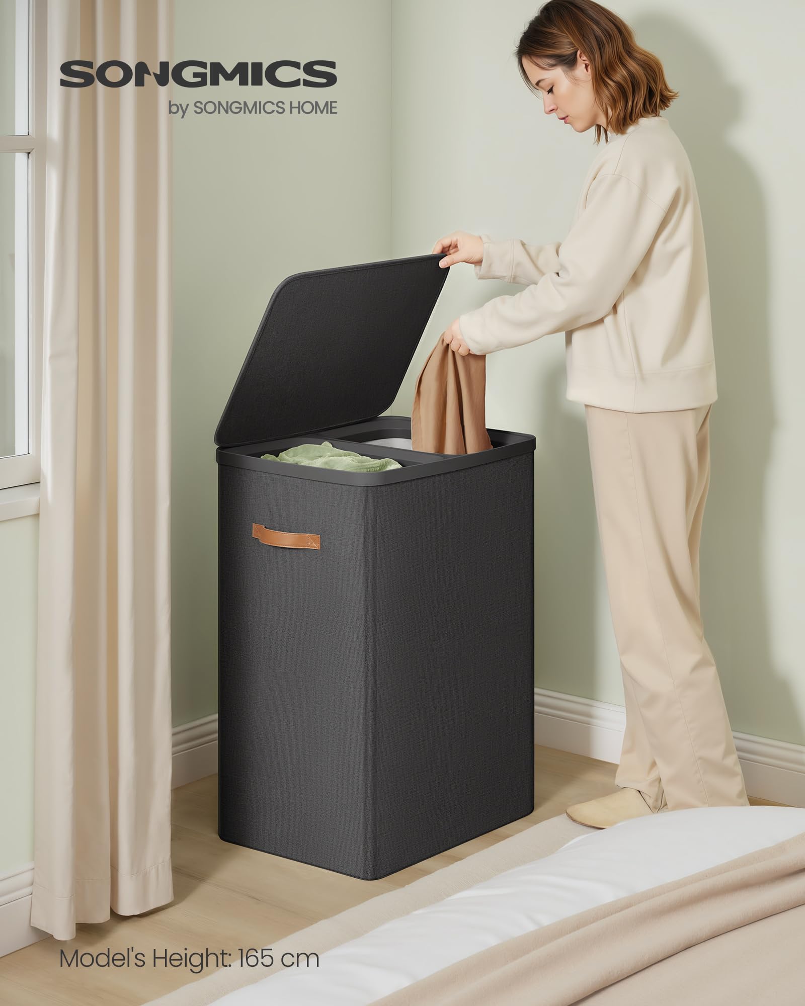 SONGMICS Laundry Basket, 44.9 Gal. Laundry Hamper, 2 Compartments, Easy Assembly, with Lid and