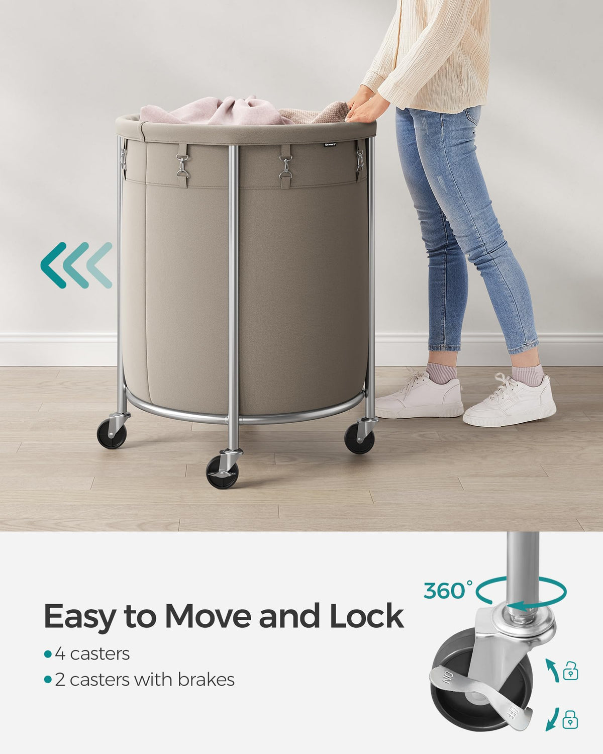 SONGMICS Laundry Basket with Wheels, 29 Gal., Steel Frame, Removable Bag
