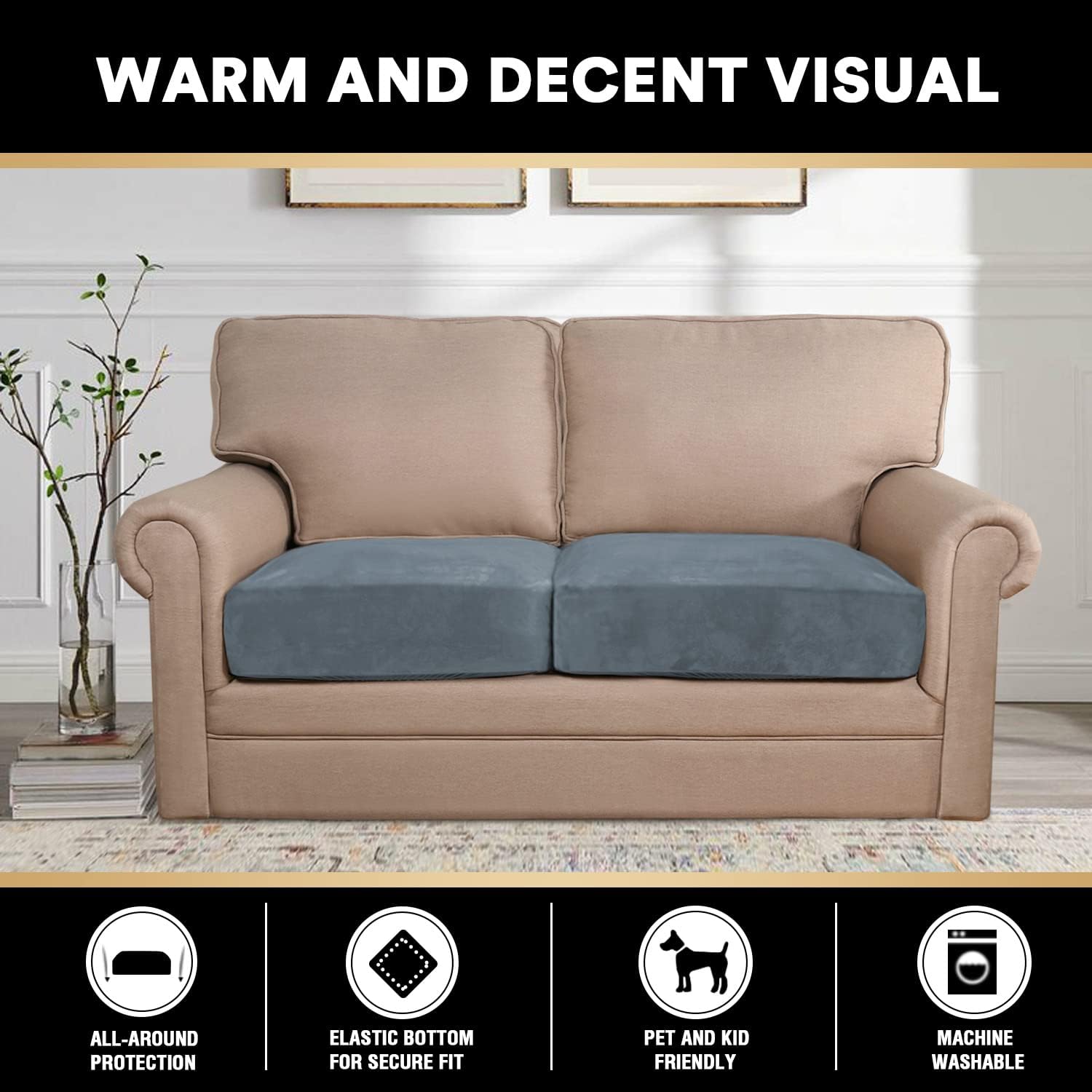 PrinceDeco Velvet Stretch Couch Cushion Cover Soft Cushion Slipcover for Chair Loveseat Sofa