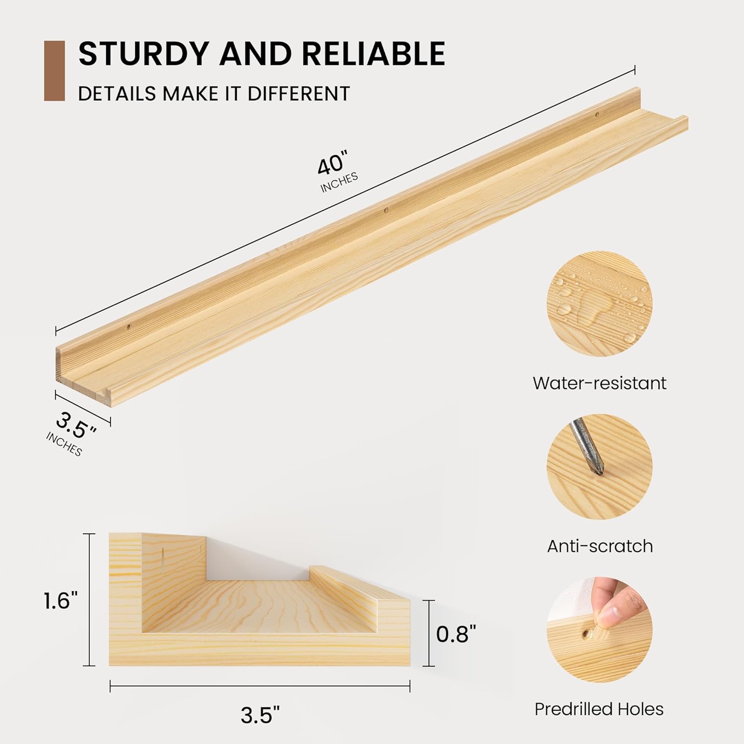 Picture Ledge Shelf, Solid Pine Wood Floating Shelves Set of 2, 40 Inches Nursery Book Shelves for