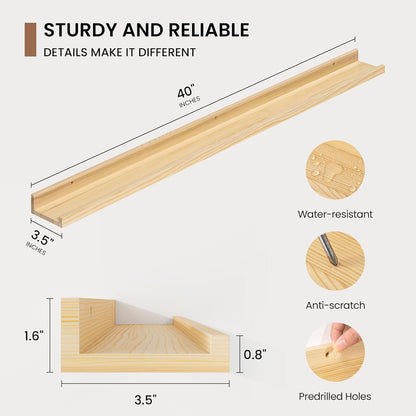 Picture Ledge Shelf, Solid Pine Wood Floating Shelves Set of 2, 40 Inches Nursery Book Shelves for
