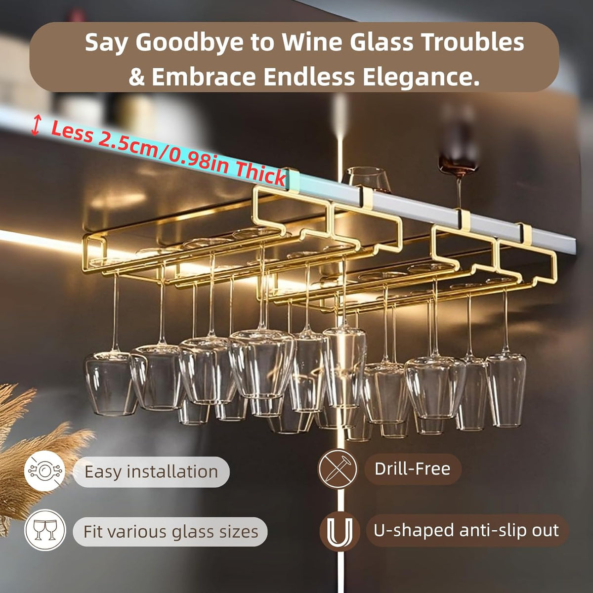 LINFIDITE Gold Under Cabinet Wine Glass Holder, 2 Pack, Space Saving, Easy Installation, Anti-Skid
