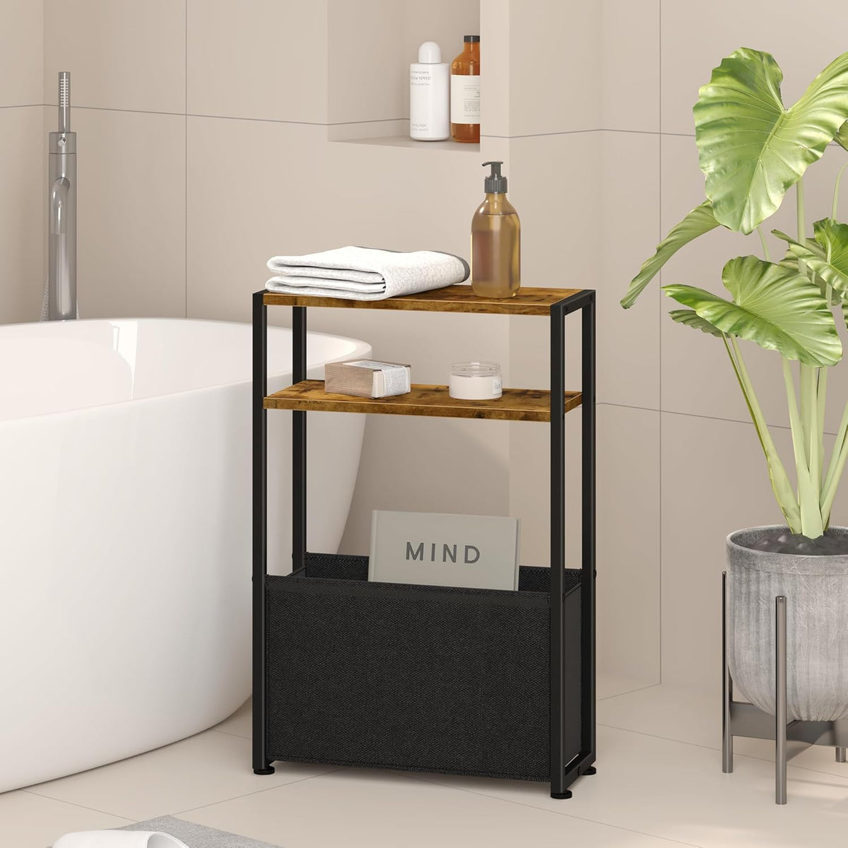 Narrow Side Table, Slim End Tables with Fabric Basket, Skinny Table for Small Spaces, Thin Bedside