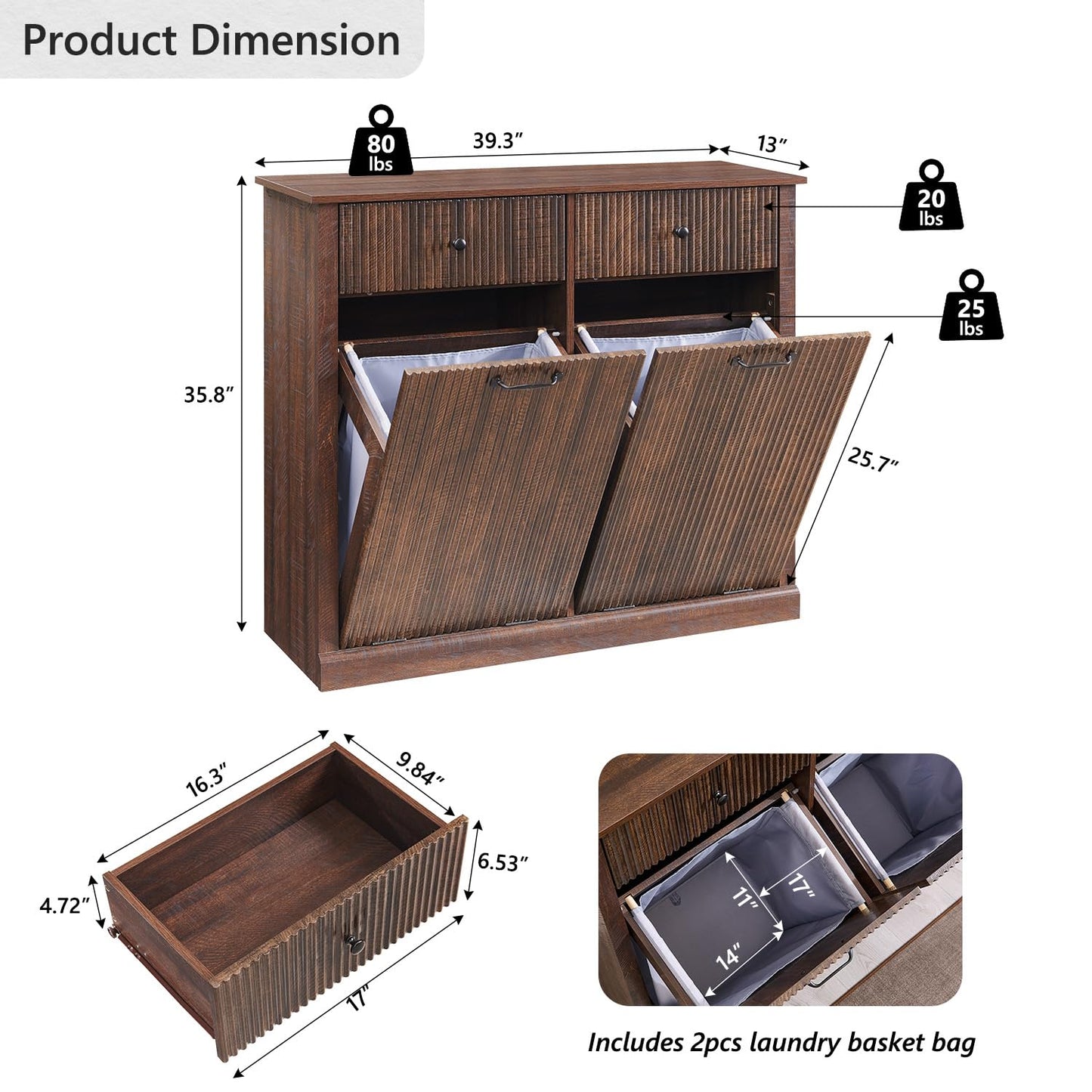 Modern Double Tilt-Out Trash Cabinet, 20 Gallon Fluted Laundry Hamper Cabinet with 2 Drawers