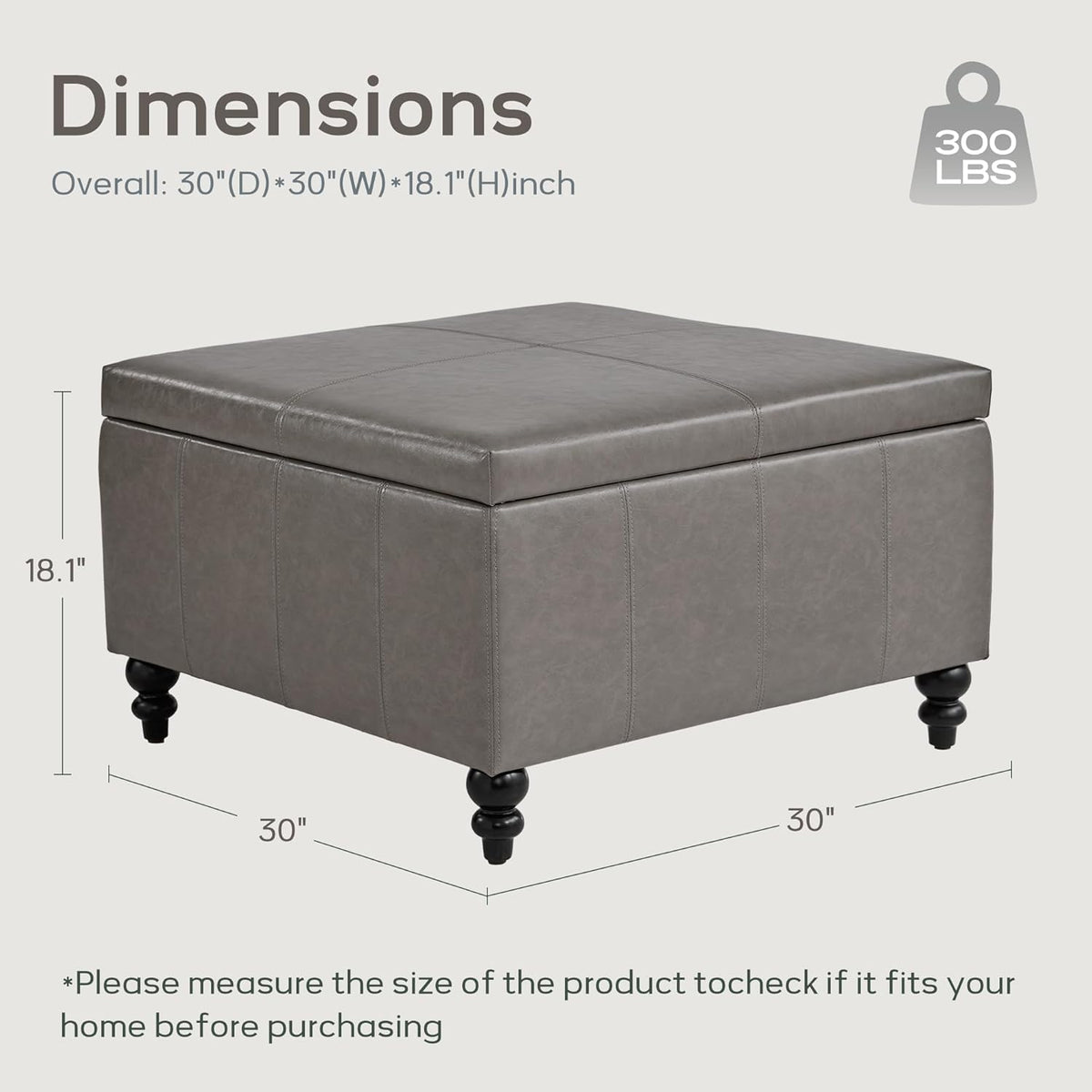 HUIMO Square Leather Storage Ottoman,Ottoman Coffee Table with Storage for Living Room (Taupe)
