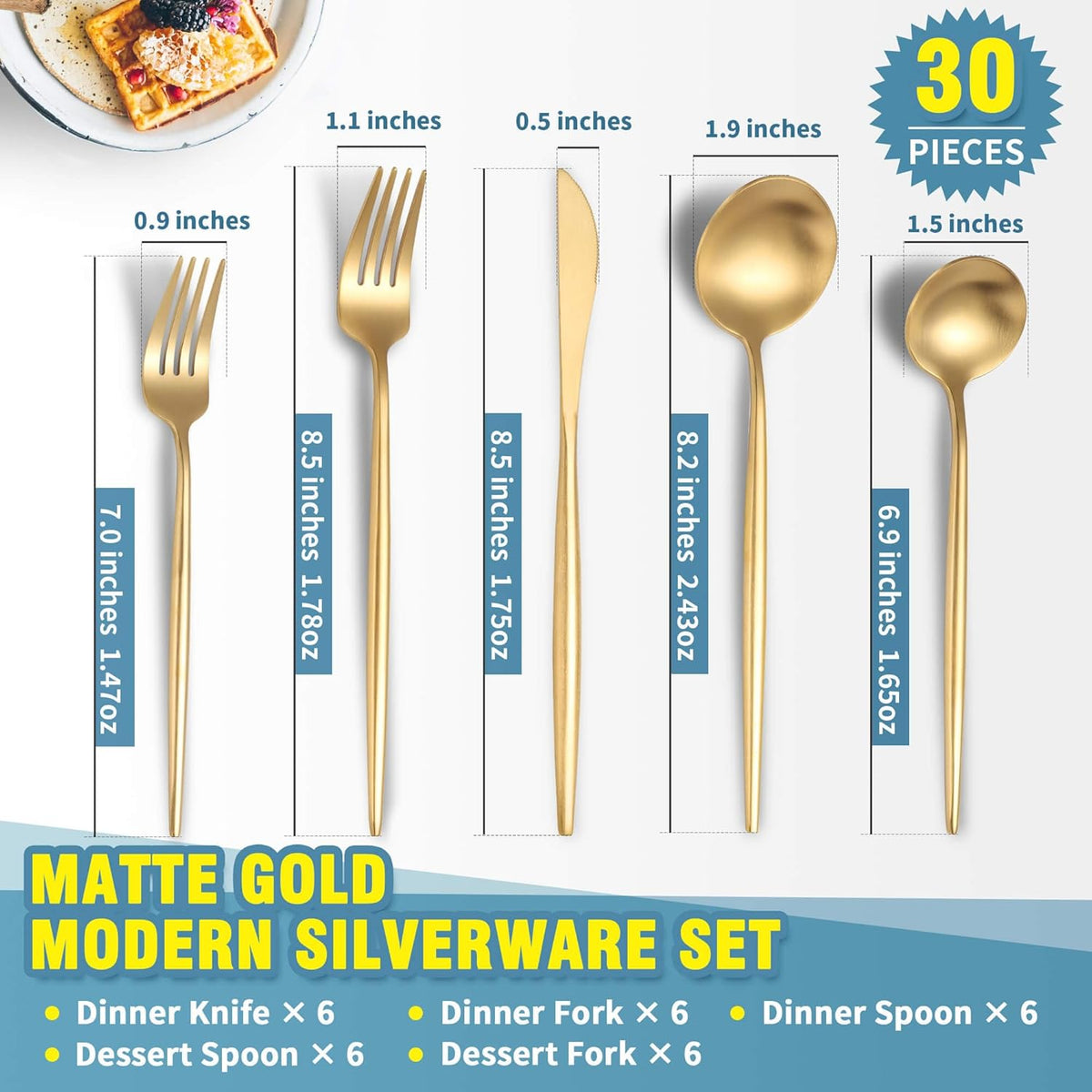 Matte Gold Silverware Set for 6,Modern Stainless Steel Brushed Cutlery Set,30-Pieces Heavy Duty