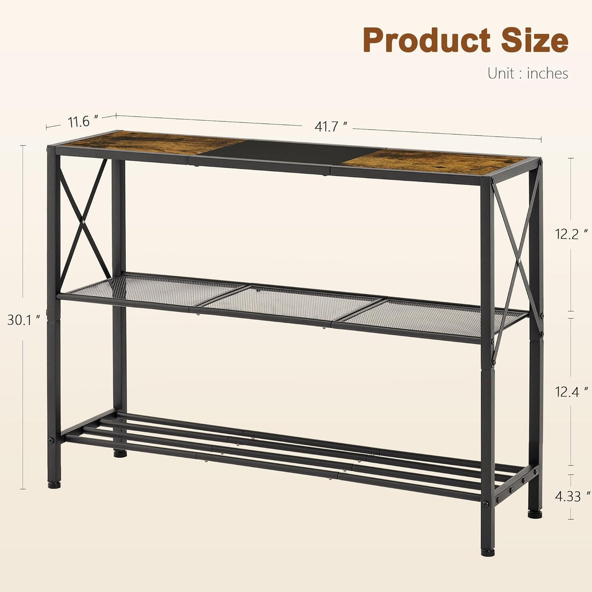 Hoctieon Industrial Console Table, 3 Tier Entryway Table, Hallway Table, Narrow Sofa Table with
