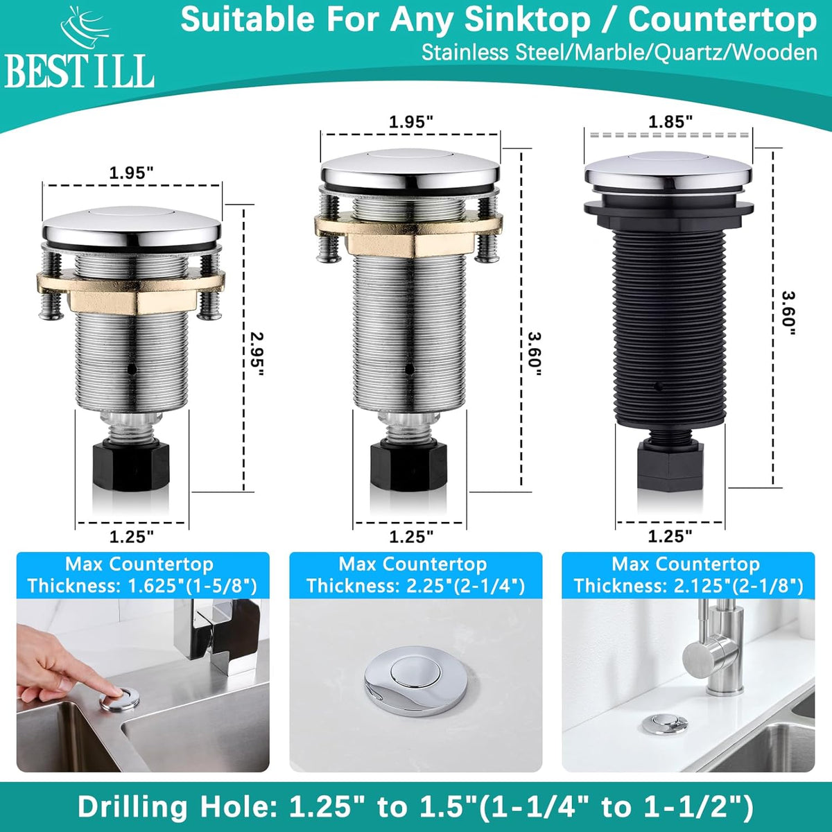 BESTILL Garbage Disposal Air Switch Kit - UL Listed, Brass 3.6" Long Push Button for Waste