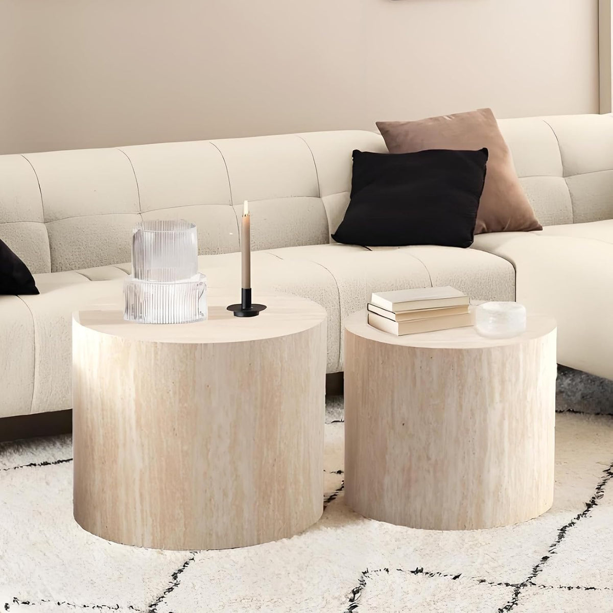 Round Nesting Coffee Table, Drum Wood Coffee Table Set of 2 Travertine-Color, Modern Nesting Tables