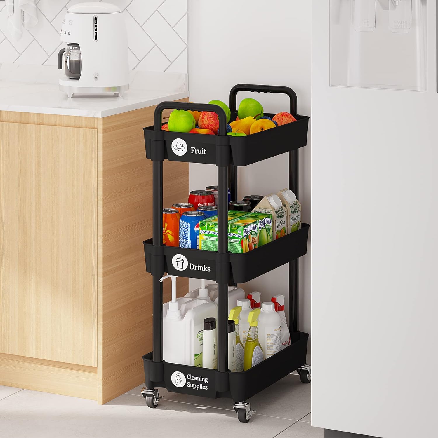 Laiensia 3-Tier Kitchen Storage Cart,Multifunction Utility Rolling Storage Organizer,Mobile