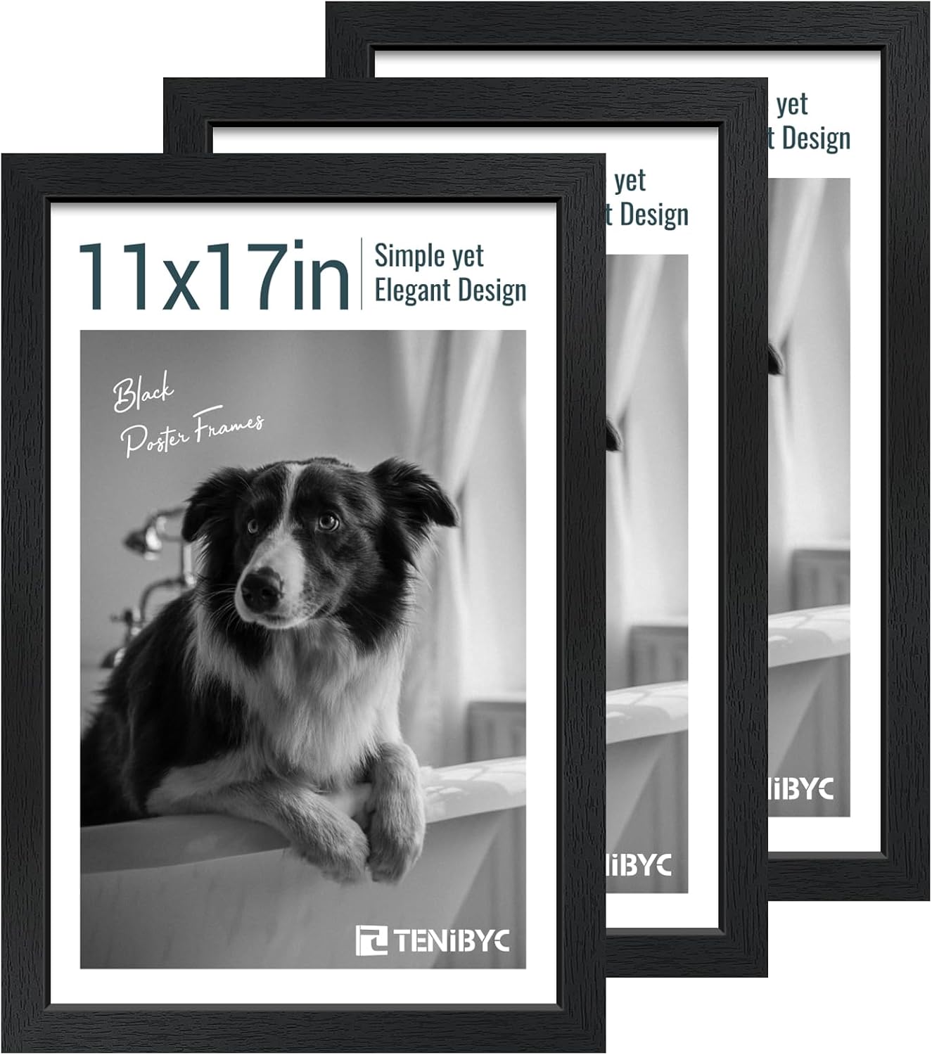 11x17 Picture Frame 3 Pack - Black Woodgrain, Solid Wood & HD Tempered Glass, Wall Gallery Poster
