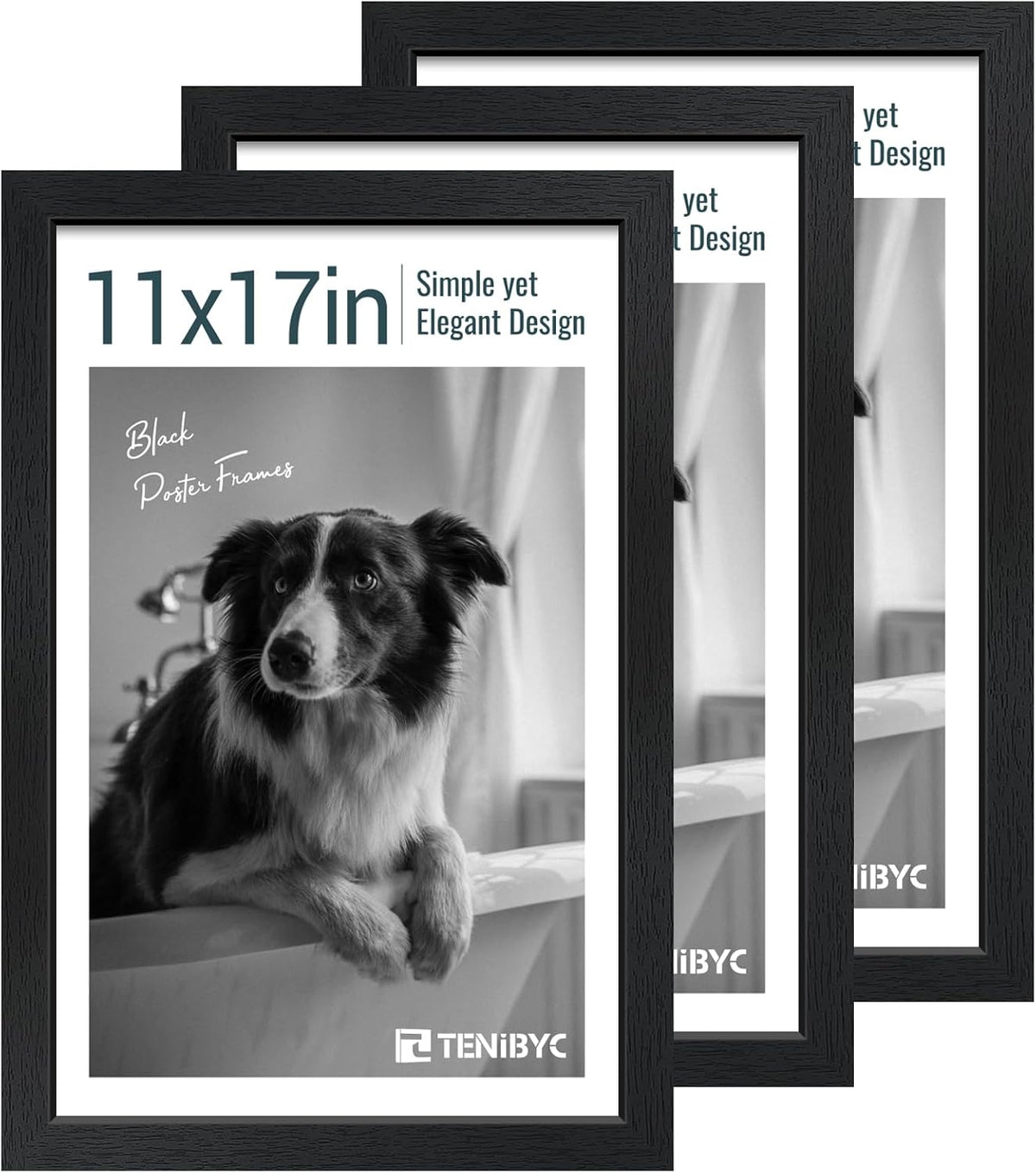 11x17 Picture Frame 3 Pack - Black Woodgrain, Solid Wood & HD Tempered Glass, Wall Gallery Poster
