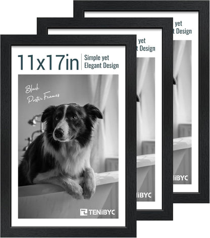 11x17 Picture Frame 3 Pack - Black Woodgrain, Solid Wood & HD Tempered Glass, Wall Gallery Poster