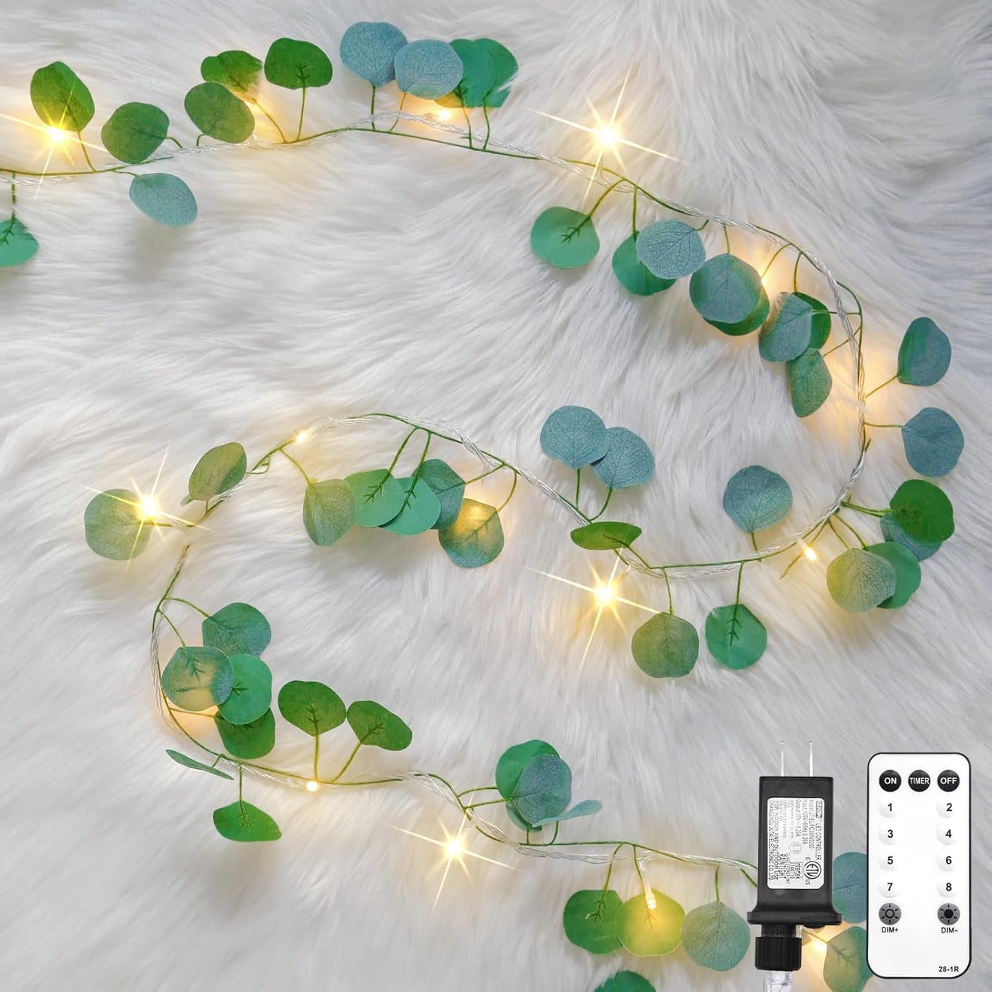 suddus Vines with Lights Plug in, 33ft 100 LED Eucalyptus Garland String Light Connectable with
