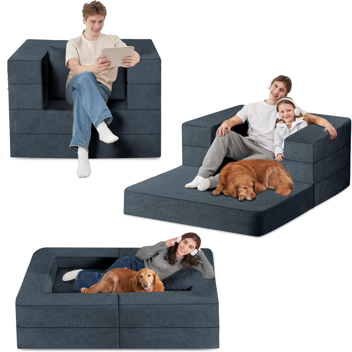 Folding Bean Bag Chair for Adults,3-in-1 Bean Bag Couch Faux Fur Floor Sofa Large Beanbag