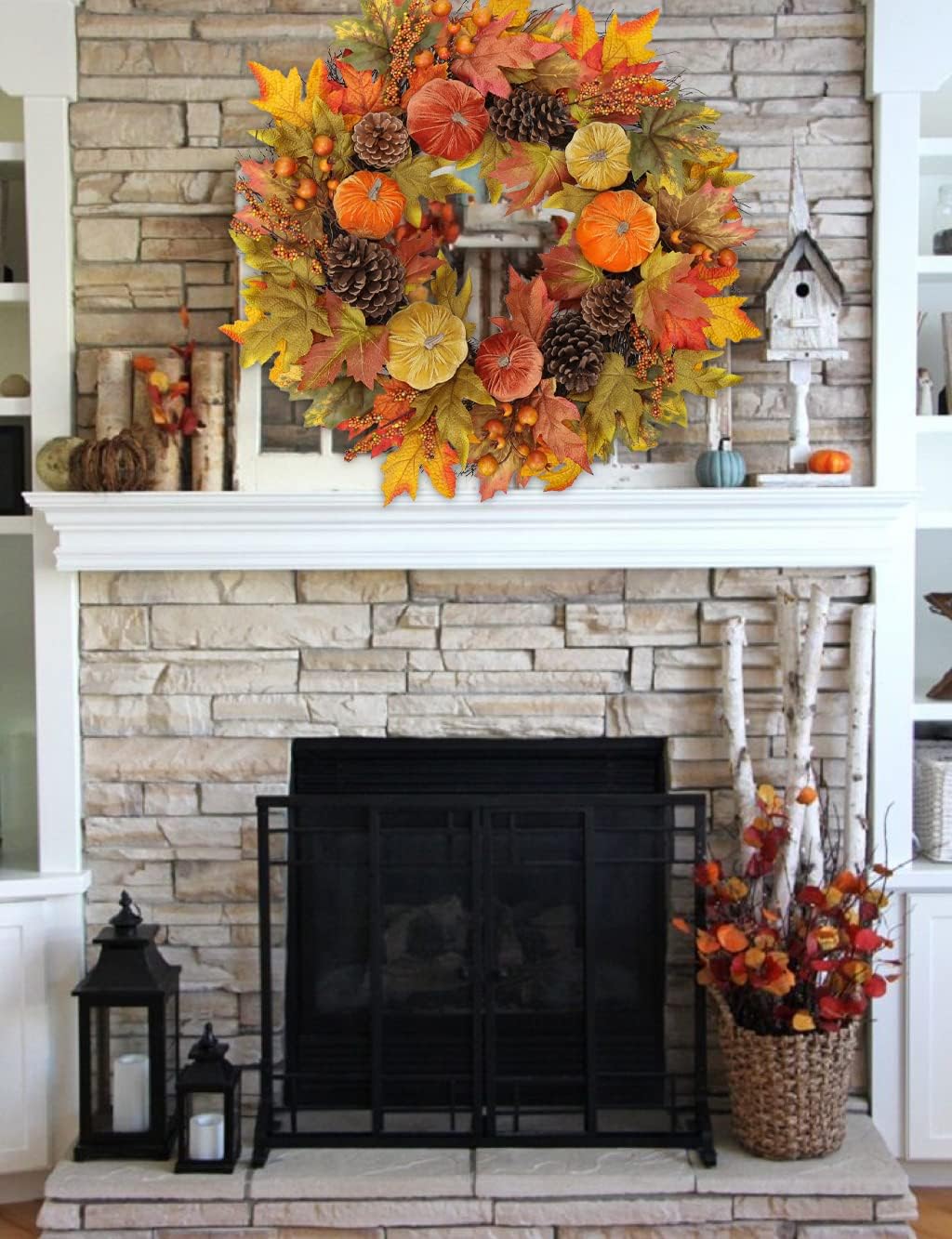 Fall Wreaths for Front Door 26'' Autumn Velvet Pumpkin Wreath with Metal Hook Large Harvest Maple