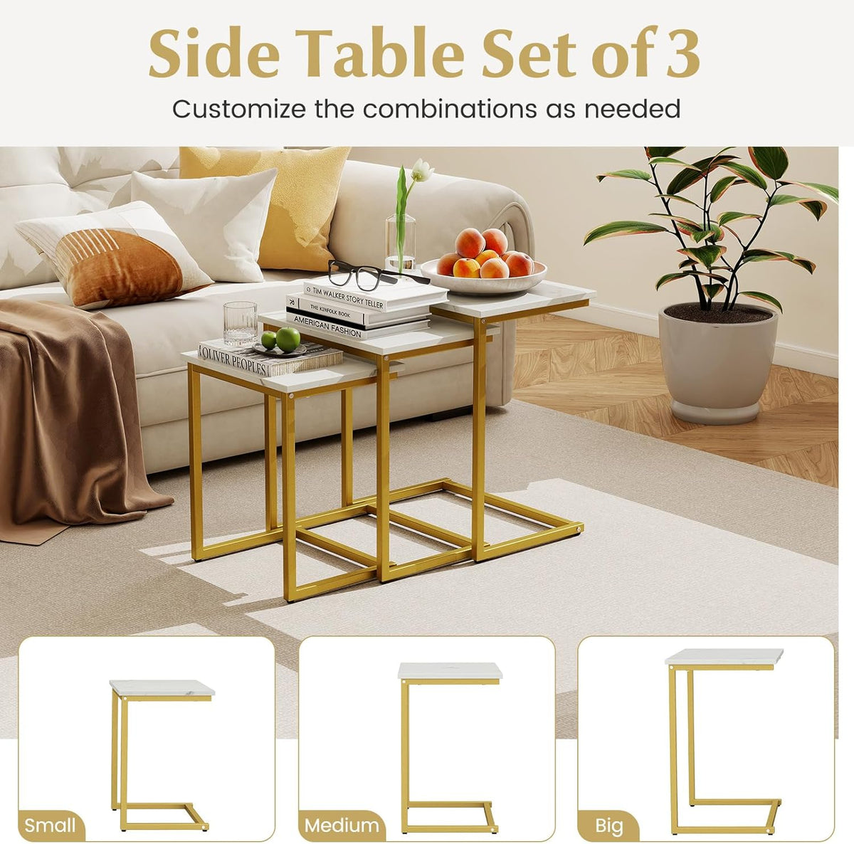 Giantex Nesting Coffee Table Set of 3, Stackable Square End Table w/Faux Marble Tabletop &