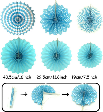 ZERODECO Party Decoration, 21 Pcs Blue Hanging Paper Fans, Pom Poms Flowers, Garlands String Polka