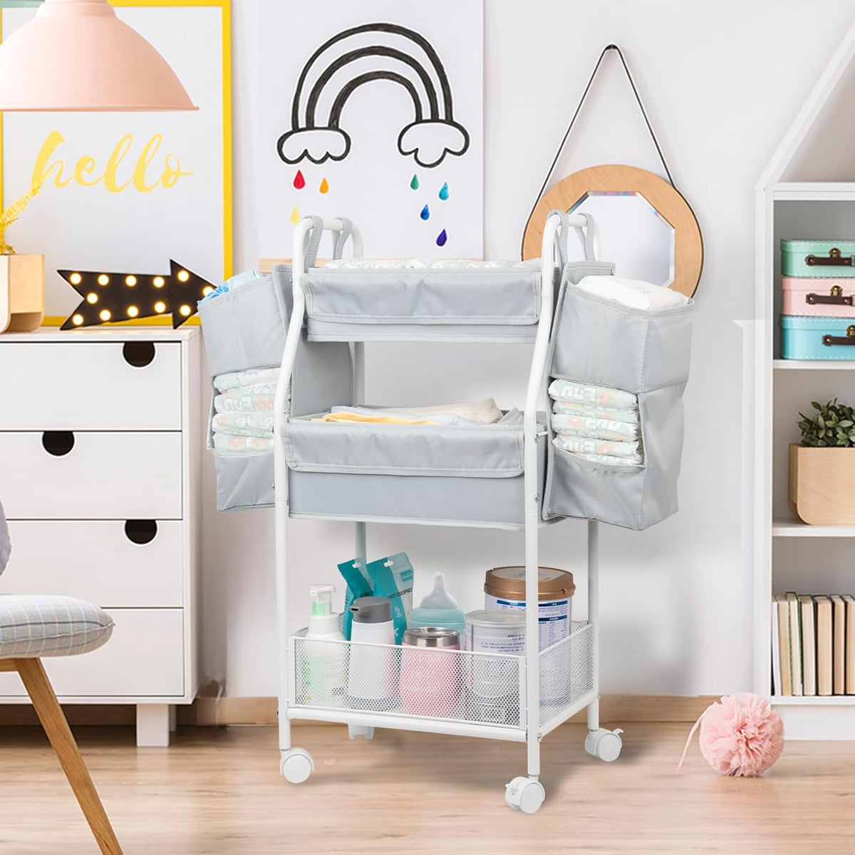 Moteph Rolling Utility Cart with Side Storage - Diaper Organizer, Nursery Essentials, and Craft