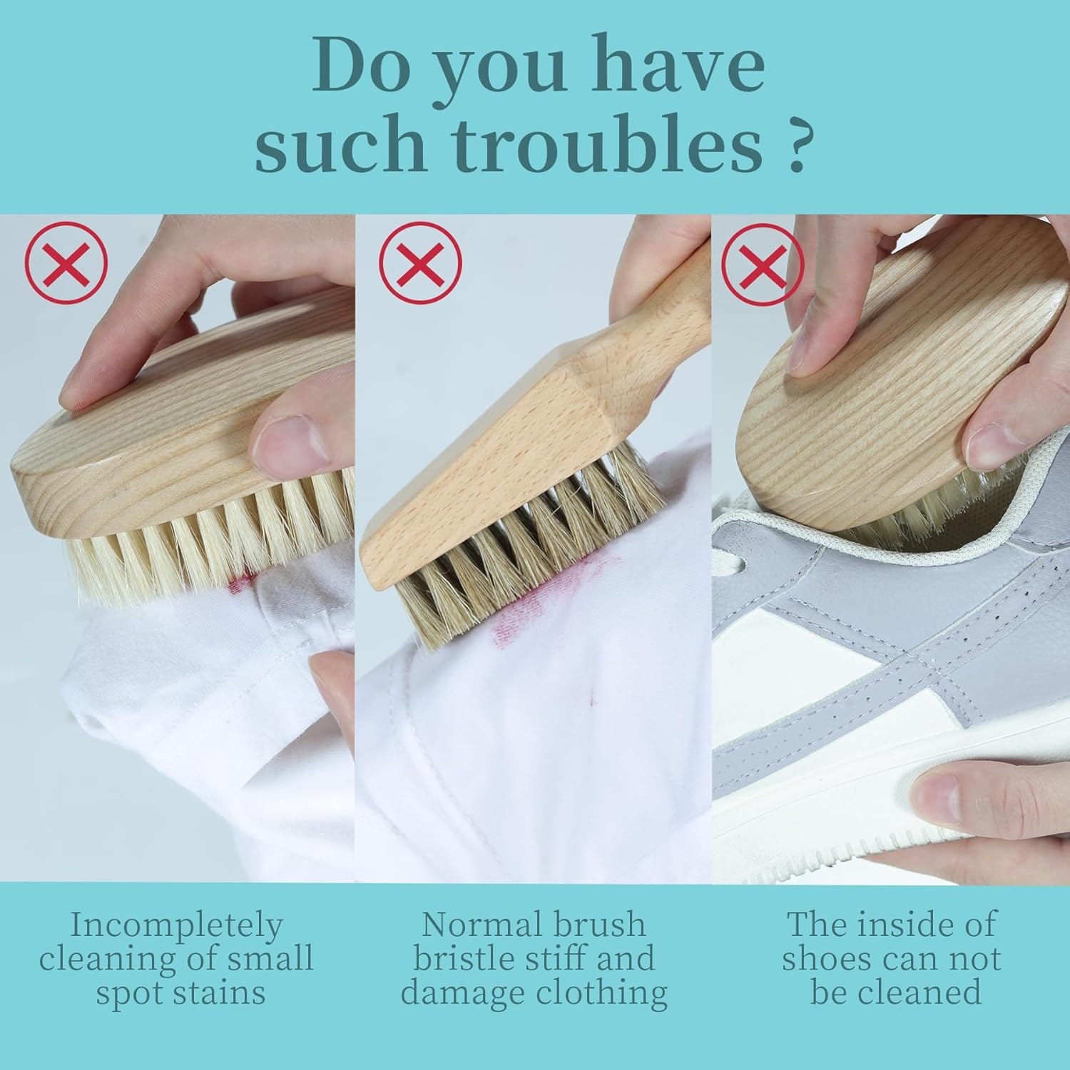 BFWood Laundry Stain Brush, Natural Soft Boar Bristles, Removes Tough Stains from Delicate Fabrics